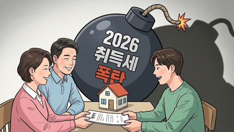 2026년 가족 간 부동산 매매 계약 시 발생하는 취득세 폭탄 위험을 경고하는 삽화