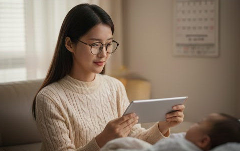 신생아 특례대출 조건과 소득 기준 완화 내용을 태블릿으로 체크하는 여성