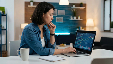 노트북 차트를 분석하며 2026년 무주택자 내집마련 및 부동산 투자 전략을 세우는 사람