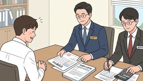 부동산 저가 양도 전 감정평가사 및 세무사와 자금출처 소명 자료를 상담하는 모습