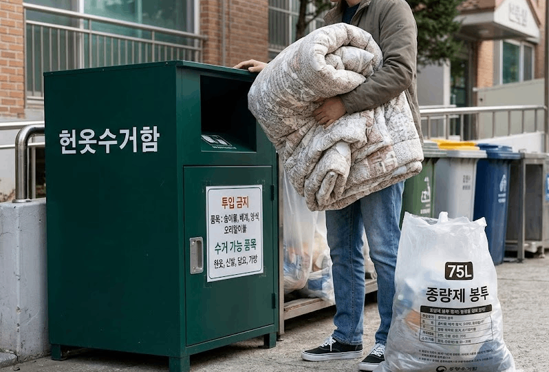 헌옷수거함 앞에 이불을 들고 있는 남성 사진